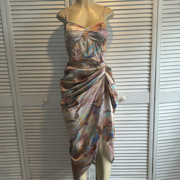 Multi Marble Print Satin Ruched Skirt Corset Detail Midi Dress size 6 - Picture 7 of 12